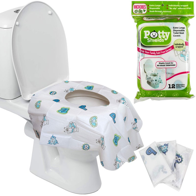 Potty Shields Toilet Seat Covers Disposable (12 Pack) - XL Waterproof Toilet Cover for Toddlers, Kids & Adults - Portable & Individually Wrapped for Travel, Potty Training, Vacations, Public Restrooms - Image 1